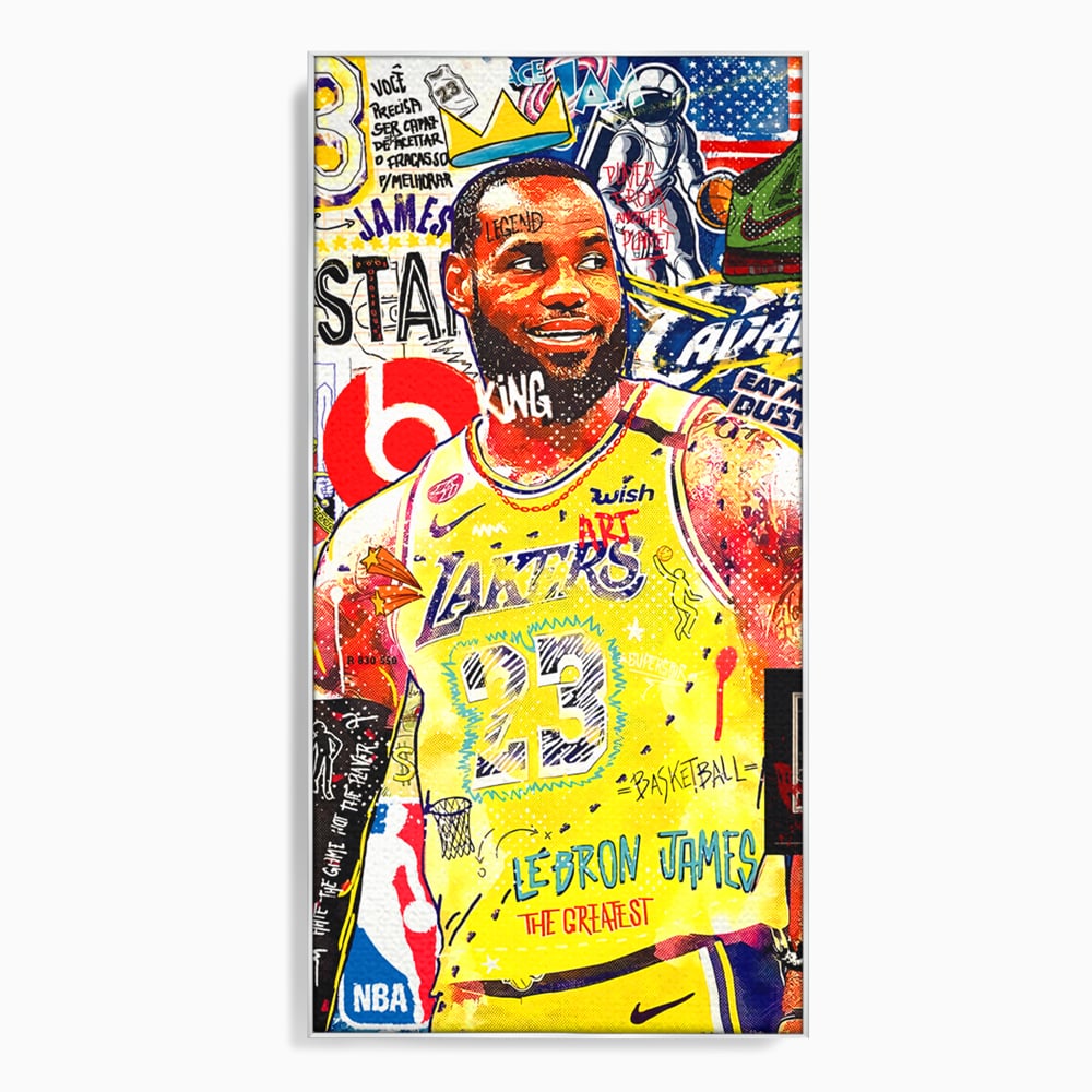 Tablou canvas cu tablou canvas cu portretul lui lebron james, in rama de aluminiu argintiu